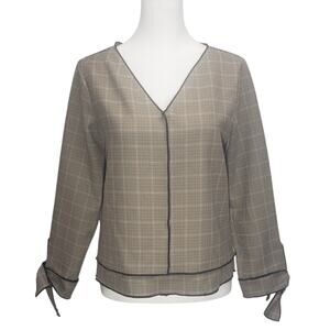 Zara Basic Houndstooth V‑Neck Blouse XS Contrast Trim Tie Cuff Top Officewear